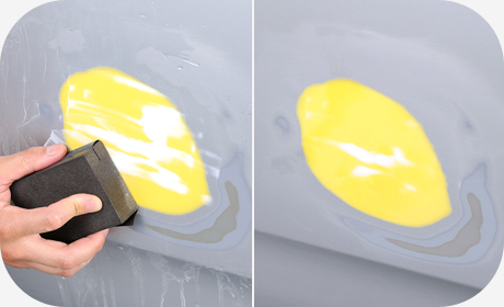 もし、研磨中、パテ埋めした箇所に気泡による穴が出てきたら、うすづけパテを使って 埋めてください。 そしてパテが硬化した後、再び研磨します。